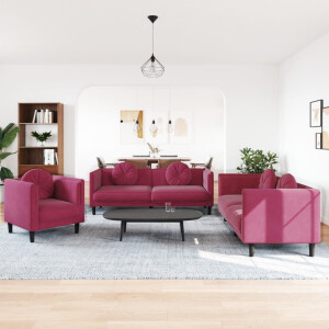 vidaXL 3-delige Loungeset met kussens fluweel wijnrood
