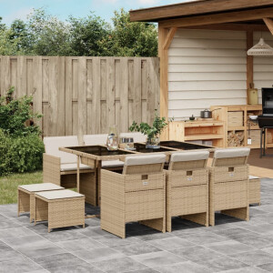 vidaXL 11-delige Tuinset met kussens poly rattan beige