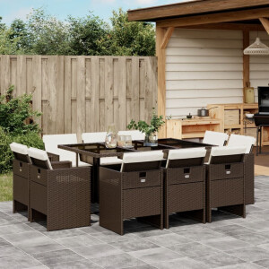 vidaXL 11-delige Tuinset met kussens poly rattan bruin