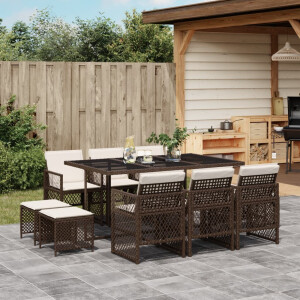 vidaXL 11-delige Tuinset met kussens poly rattan bruin
