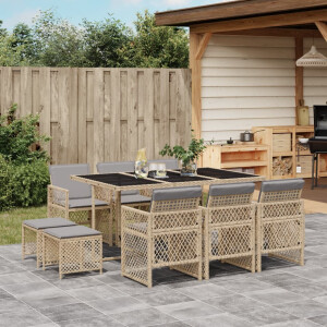 vidaXL 11-delige Tuinset met kussens poly rattan beige