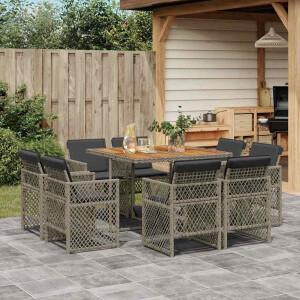 vidaXL 9-delige Tuinset met kussens poly rattan grijs
