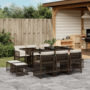 vidaXL 11-delige Tuinset met kussens poly rattan bruin