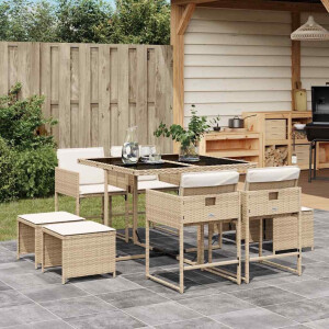 vidaXL 9-delige Tuinset met kussens poly rattan beige