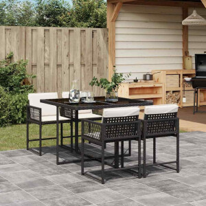 vidaXL 5-delige Tuinset met kussens poly rattan zwart