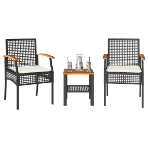 vidaXL 3-delige Bistroset met kussens poly rattan en acaciahout zwart