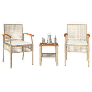 vidaXL 3-delige Bistroset met kussens poly rattan en acaciahout beige