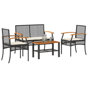 vidaXL 4-delige Loungeset met kussens poly rattan zwart