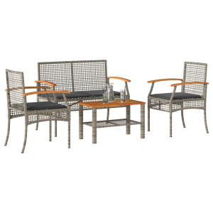 vidaXL 4-delige Loungeset met kussens poly rattan grijs