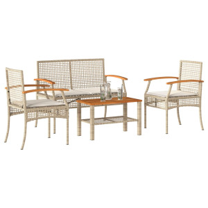 vidaXL 4-delige Loungeset met kussens poly rattan beige