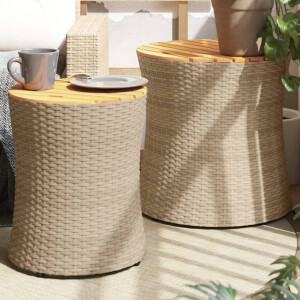 vidaXL Tuinbijzettafels 2 st met houten blad poly rattan beige