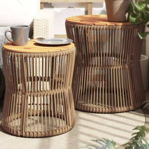 vidaXL Tuinbijzettafels 2 st met houten blad poly rattan beige