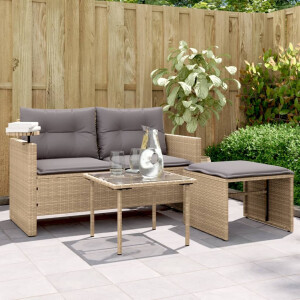 vidaXL 3-delige Loungeset met kussens poly rattan beige