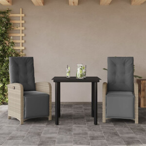 vidaXL 3-delige Bistroset met kussens poly rattan lichtgrijs