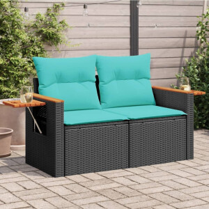 vidaXL Tuinbank 2-zits met kussens poly rattan zwart