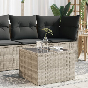 vidaXL Tuintafel met glazen blad 55x55x37 cm poly rattan lichtgrijs