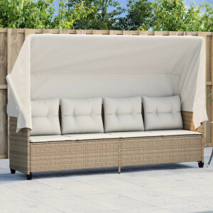 vidaXL Ligbed met luifel en kussen poly rattan beige