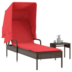 vidaXL Ligstoel met luifel en tafel bruin poly rattan