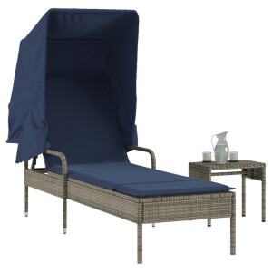 vidaXL Ligstoel met luifel en tafel grijs poly rattan