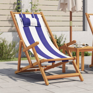 vidaXL Strandstoel inklapbaar eucalyptushout en stof blauw en wit