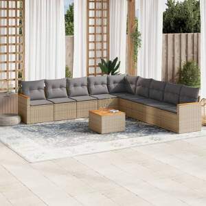 vidaXL 10-delige Loungeset met kussens poly rattan gemengd beige