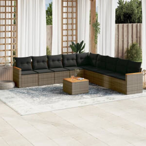 vidaXL 10-delige Loungeset met kussens poly rattan grijs
