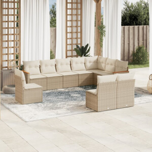 vidaXL 10-delige Loungeset met kussens poly rattan beige