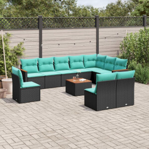 vidaXL 11-delige tuinbankset met kussens, zwart polyrotan