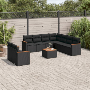 vidaXL 10-delige Loungeset met kussens poly rattan zwart