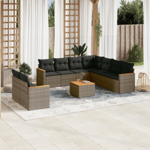 vidaXL 10-delige Loungeset met kussens poly rattan grijs