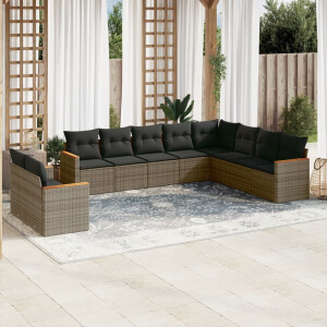 vidaXL 10-delige Loungeset met kussens poly rattan grijs