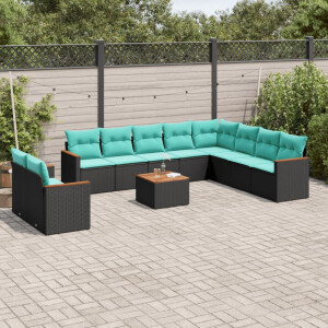 vidaXL 11-delige tuinbankset met kussens, zwart polyrotan