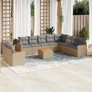 vidaXL 11-delige Loungeset met kussens poly rattan gemengd beige
