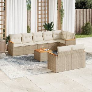 vidaXL 9-delige Loungeset met kussens poly rattan beige