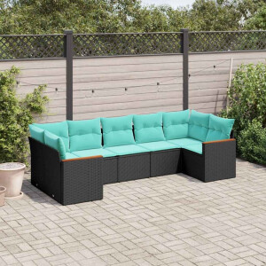 vidaXL 7-delige tuinbankset met kussens van zwart polyrotan