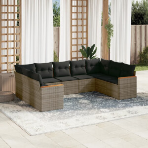 vidaXL 9-delige Loungeset met kussens poly rattan grijs