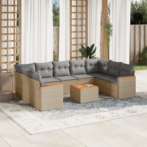vidaXL 10-delige Loungeset met kussens poly rattan gemengd beige