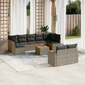vidaXL 10-delige Loungeset met kussens poly rattan grijs