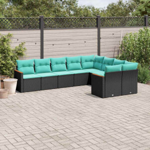 vidaXL 9-delige tuinbankset met kussens van zwart polyrotan