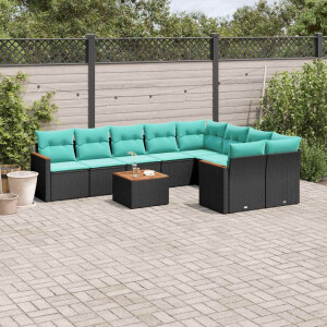 vidaXL 10-delige tuinbankset met kussens van zwart polyrotan