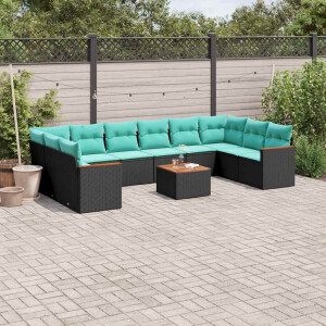 vidaXL 11-delige tuinbankset met kussens, zwart polyrotan