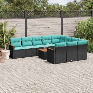 vidaXL 11-delige tuinbankset met kussens, zwart polyrotan