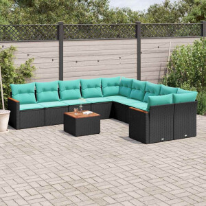 vidaXL 11-delige tuinbankset met kussens, zwart polyrotan