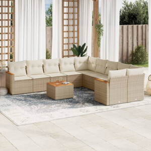 vidaXL 11-delige Tuinset met kussens poly rattan beige