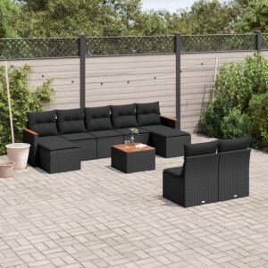 vidaXL 10-delige Loungeset met kussens poly rattan zwart