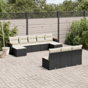 vidaXL 10-delige Loungeset met kussens poly rattan zwart