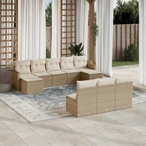 vidaXL 10-delige Loungeset met kussens poly rattan beige
