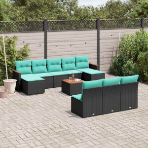 vidaXL 11-delige tuinbankset met kussens, zwart polyrotan