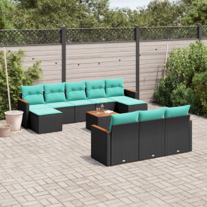 vidaXL 11-delige tuinbankset met kussens, zwart polyrotan