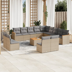 vidaXL 14-delige Loungeset met kussens poly rattan gemengd beige